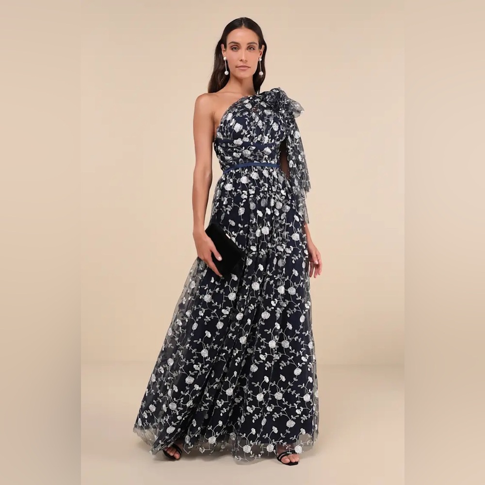 Lulus-Whimsical Allure Navy Mesh Embroidered One-Shoulder Maxi Dress (Medium)